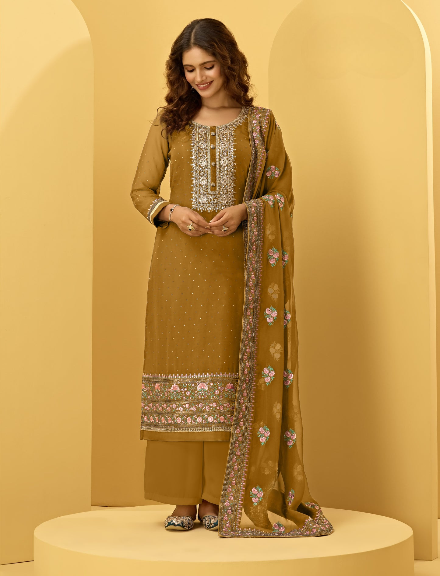 Caramel Brown Embroidered Georgette Straight Pant Suit