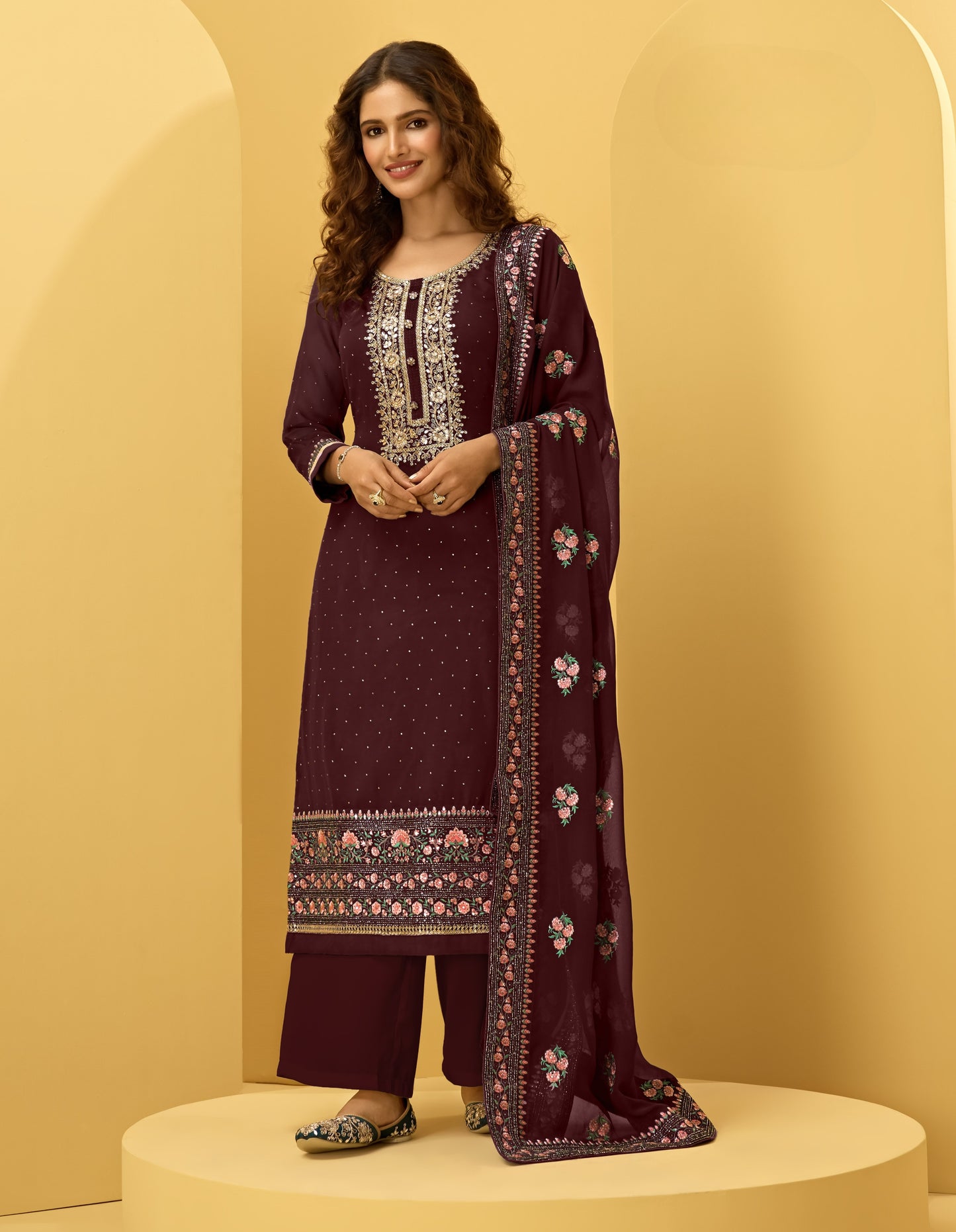 Grape Wine Embroidered Georgette Straight Pant Suit