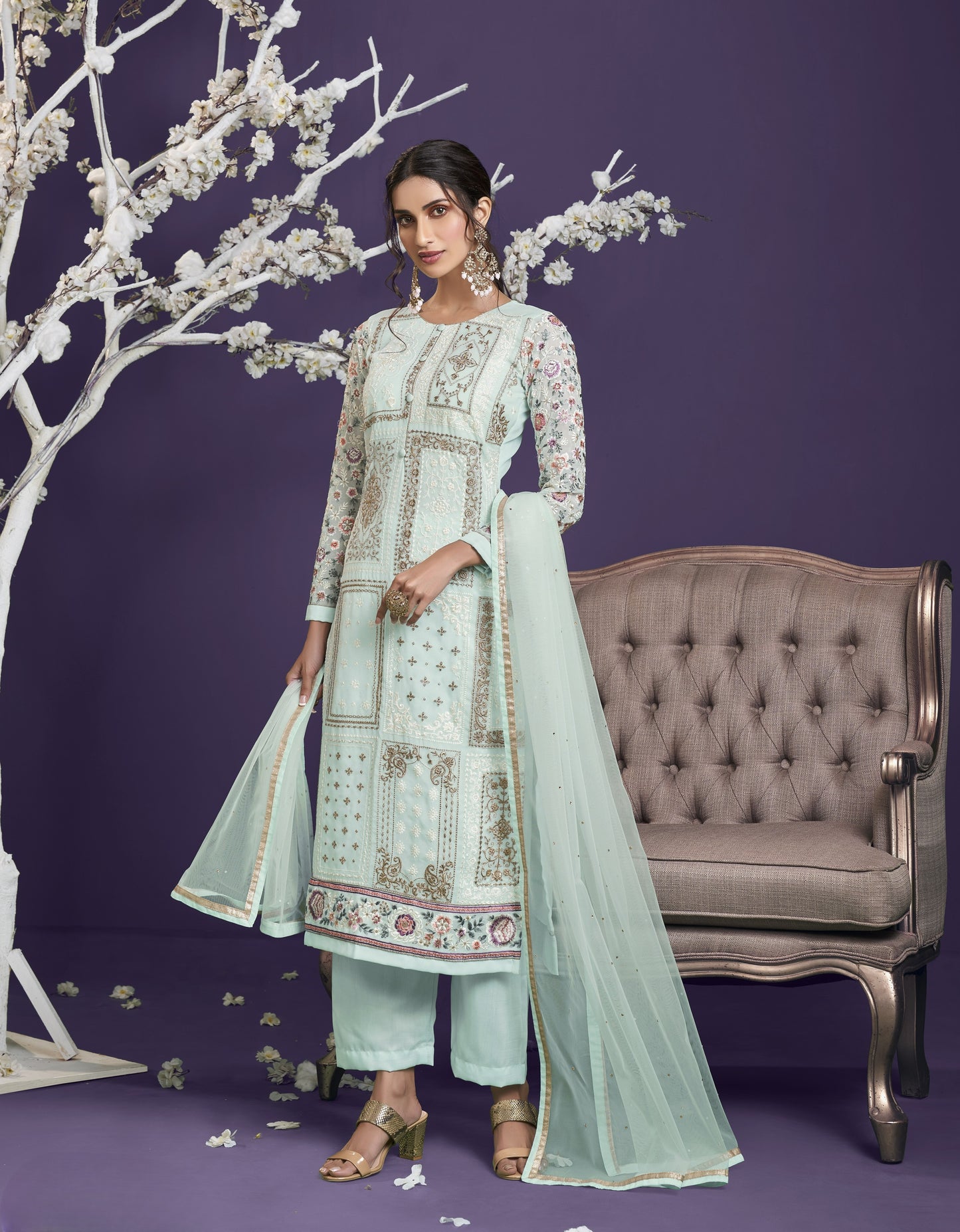 Powder Blue Heavy Embroidered Georgette Straight Pant Suit