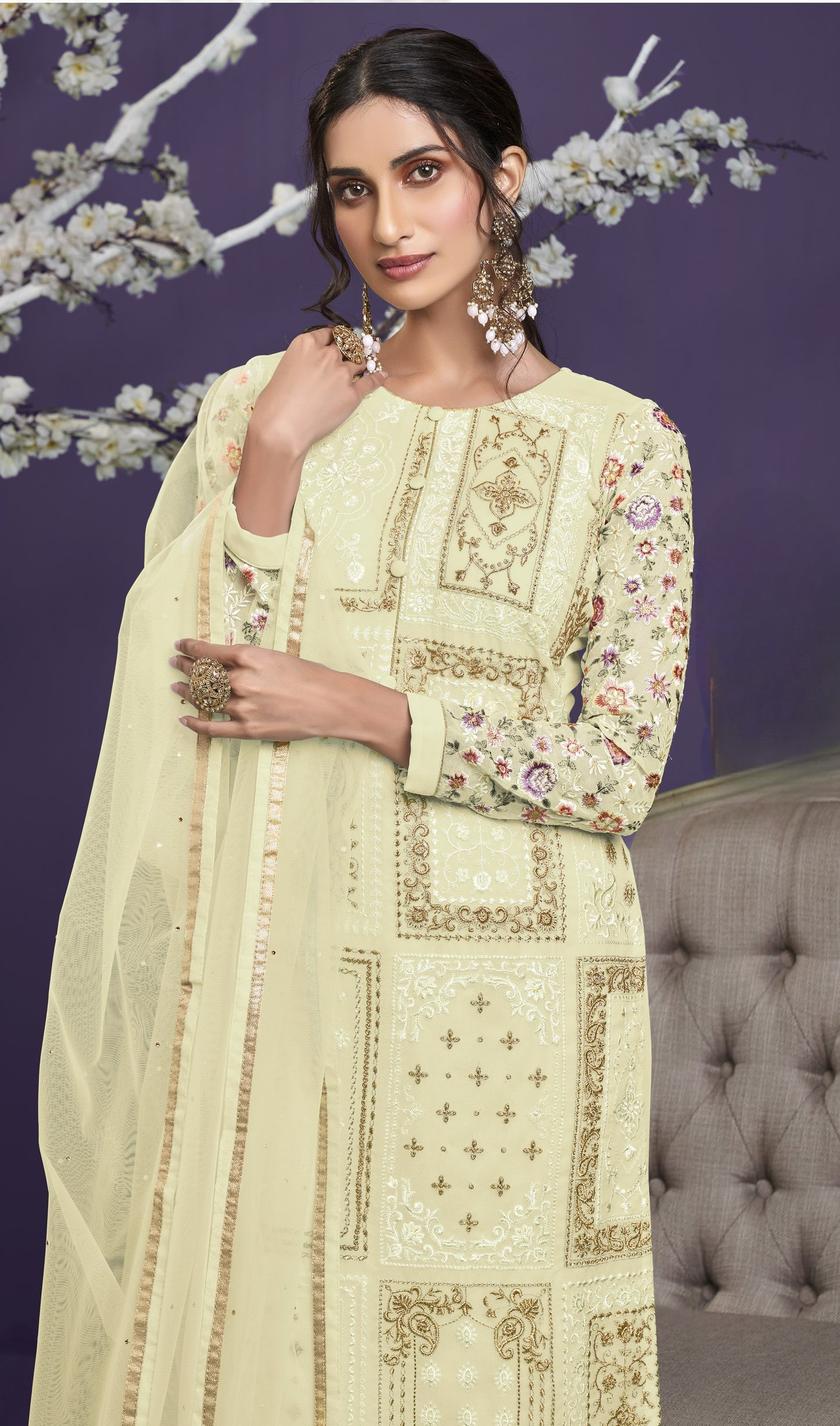 Sugarcookie Yellow Heavy Embroidered Georgette Straight Pant Suit