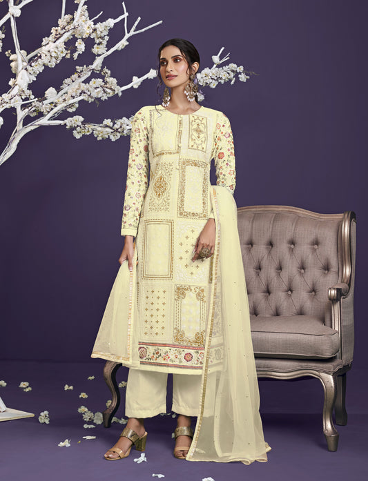 Sugarcookie Yellow Heavy Embroidered Georgette Straight Pant Suit