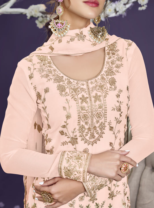 Pastel Peach Heavy Embroidered Georgette Straight Pant Suit