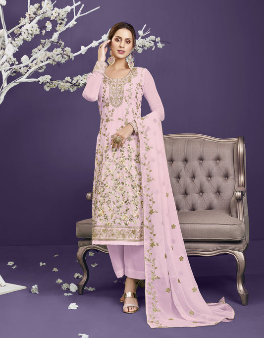 Pastel Pink Heavy Embroidered Georgette Straight Pant Suit