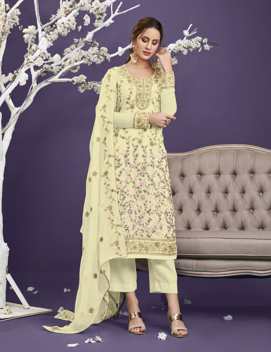 Buttermilk Yellow Heavy Embroidered Georgette Straight Pant Suit