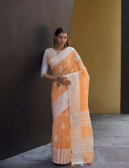 Biscotti Orange Woven Linen Saree