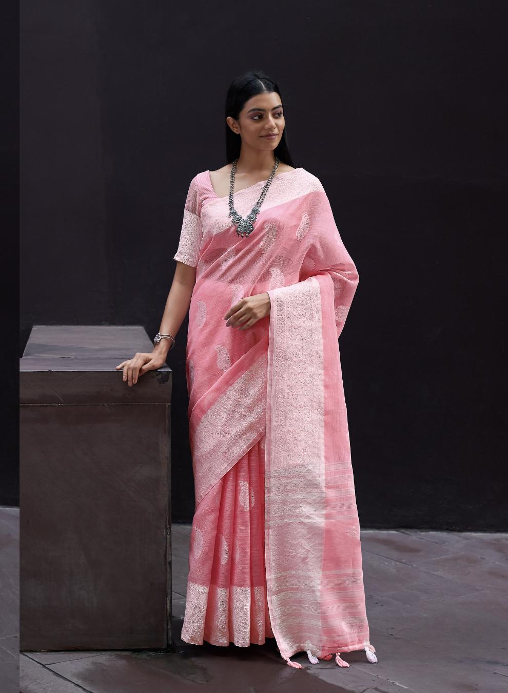 Flamingo Pink Woven Linen Saree