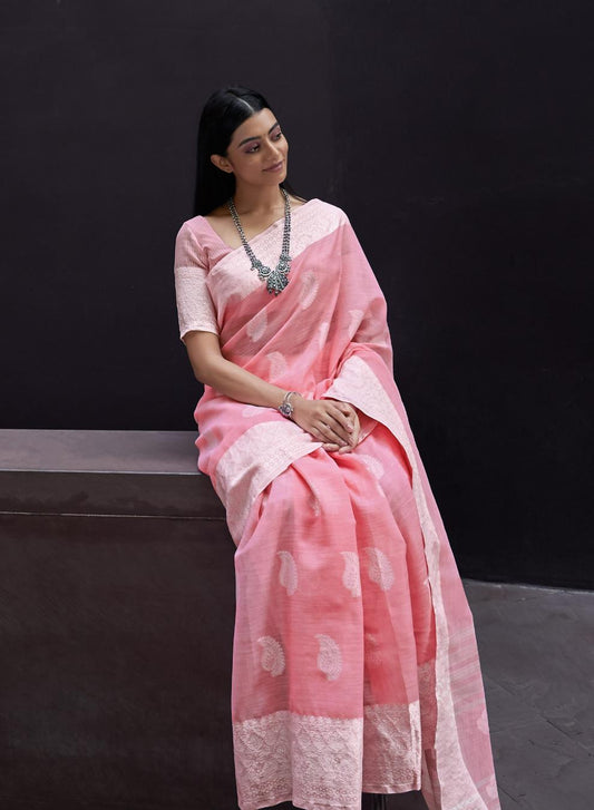 Flamingo Pink Woven Linen Saree