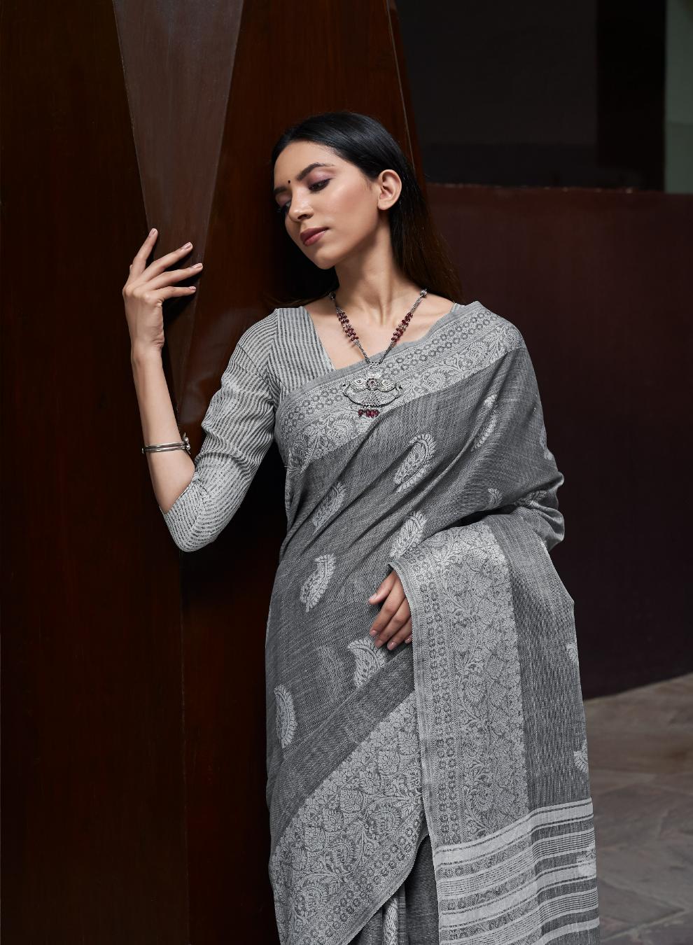 Ash Grey Woven Linen Saree