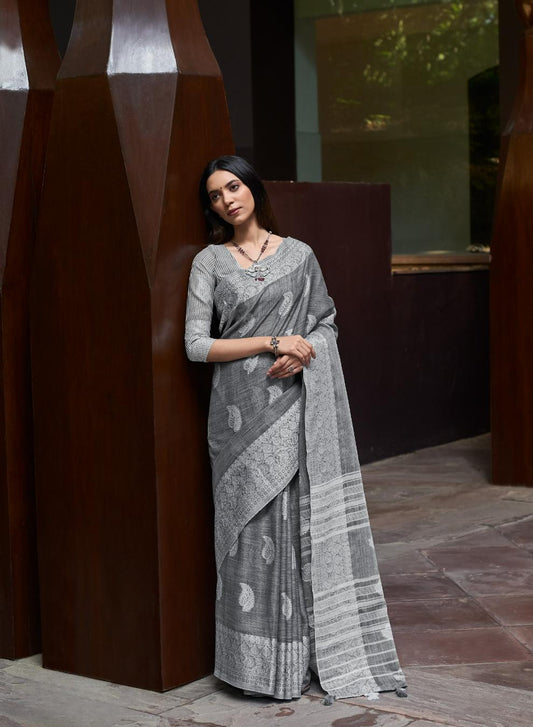 Ash Grey Woven Linen Saree