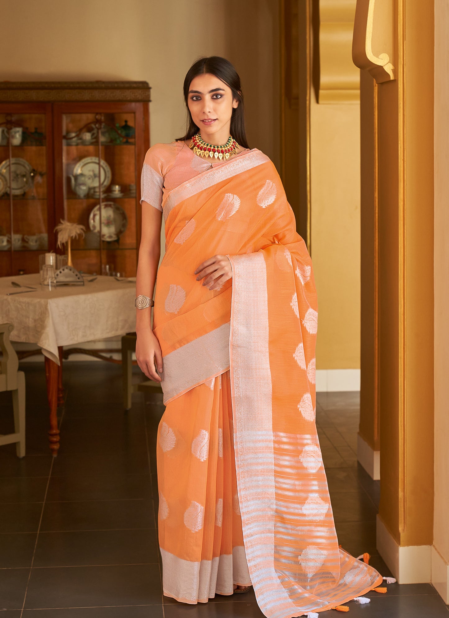 Gello Orange Handloom Woven Linen Saree