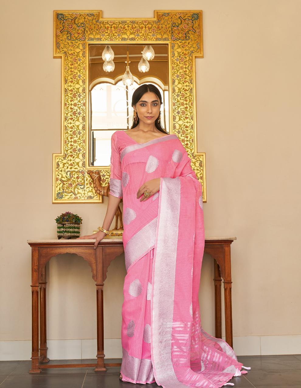 Pale Pink Handloom Woven Linen Saree