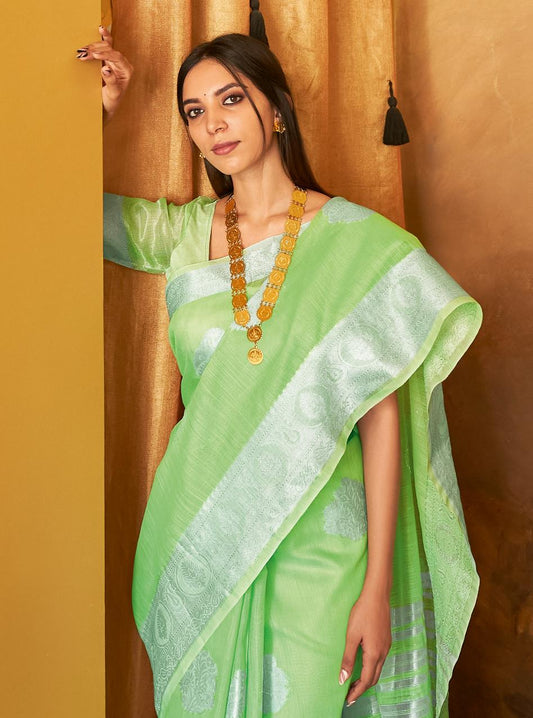 Mint Green Handloom Woven Linen Saree