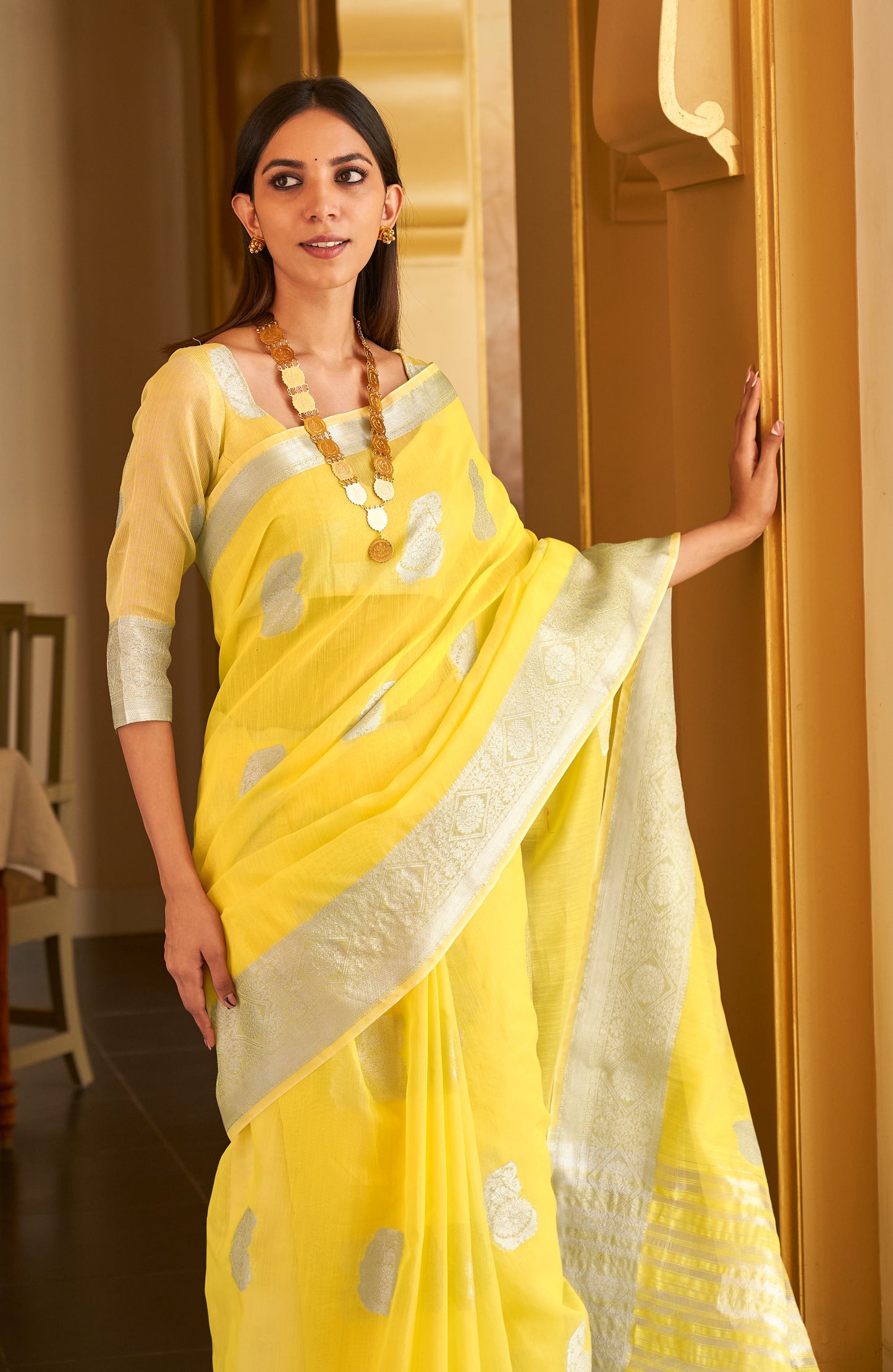 Bright Yellow Handloom Woven Linen Saree