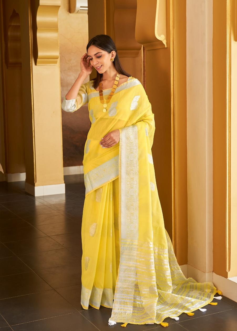 Bright Yellow Handloom Woven Linen Saree