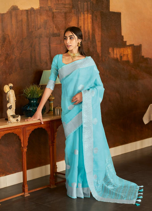 Sky Blue Handloom Woven Linen Saree