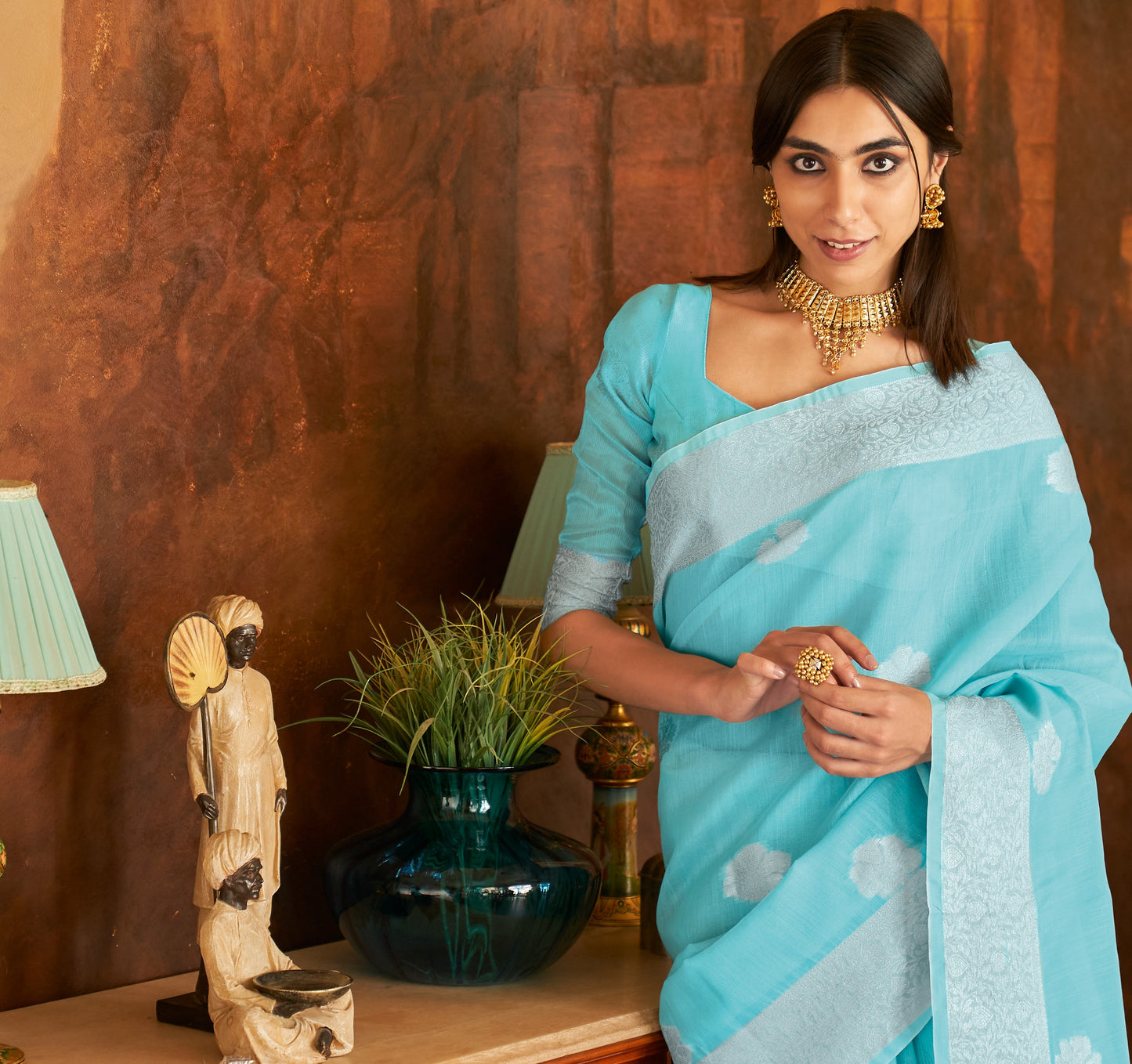 Sky Blue Handloom Woven Linen Saree