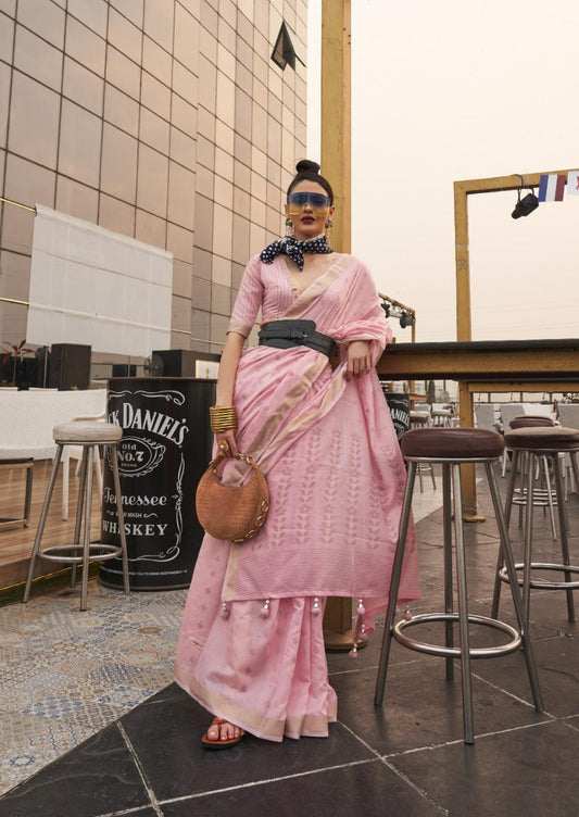 Rose Pink Viscose Linen Handloom Saree With Handmade Tassels