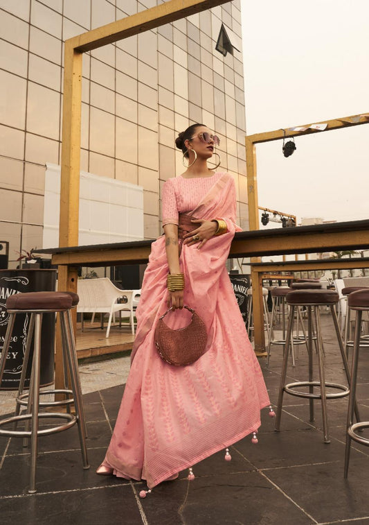 Blush Pink Viscose Linen Handloom Saree With Handmade Tassels