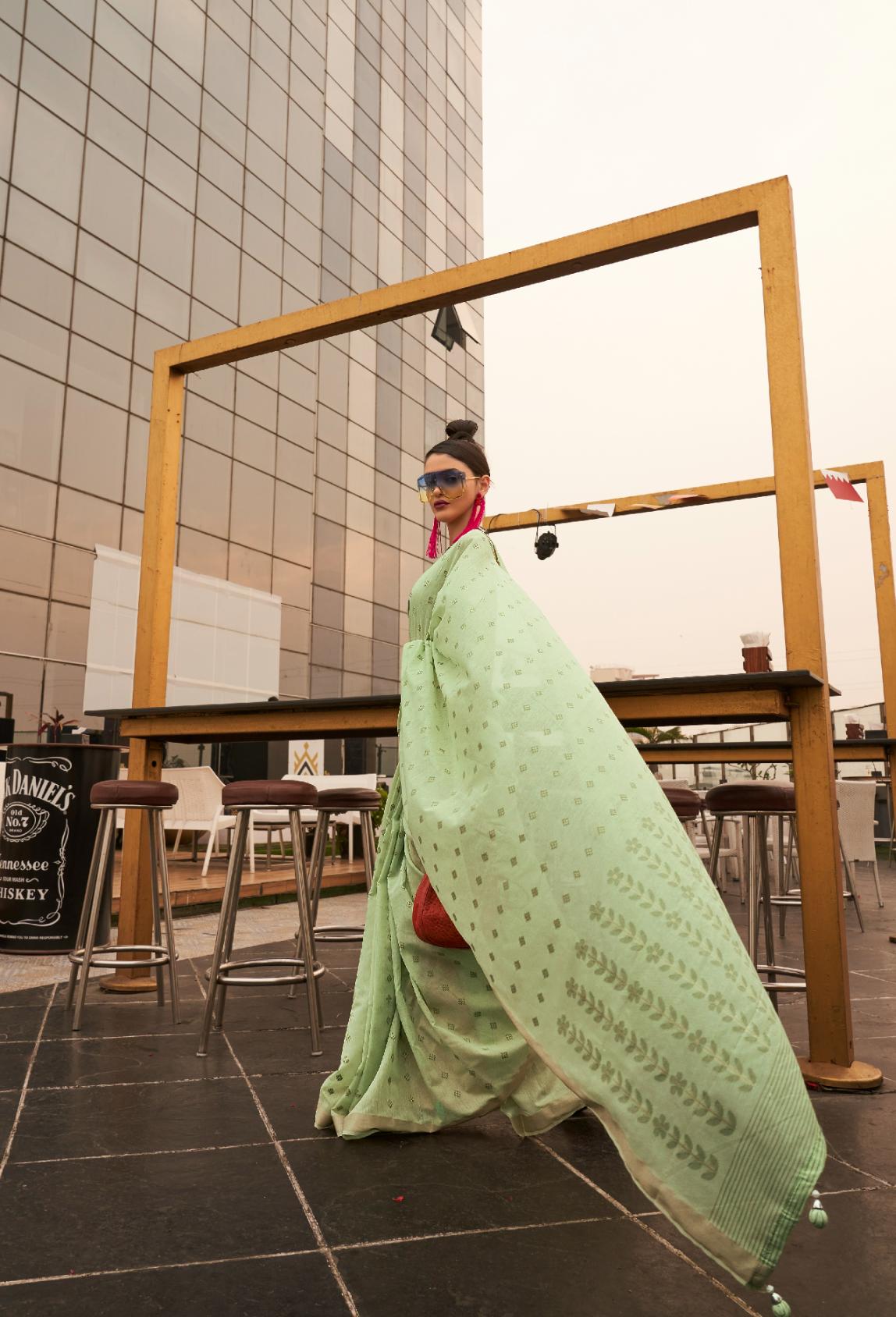 Pistachio Green Viscose Linen Handloom Saree With Handmade Tassels