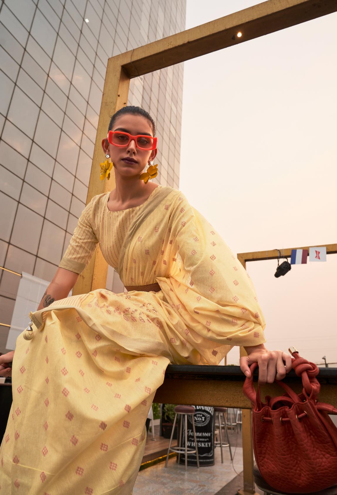 Golden Brown Viscose Linen Handloom Saree With Handmade Tassels