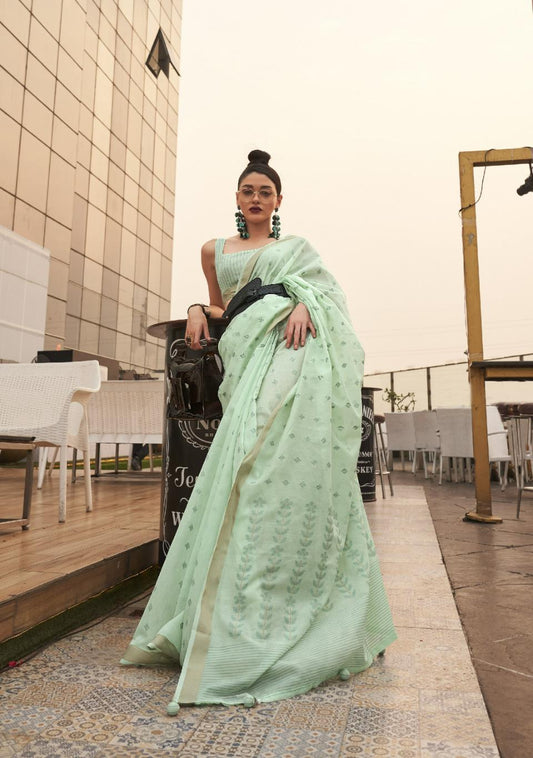 Fern Green Viscose Linen Handloom Saree With Handmade Tassels