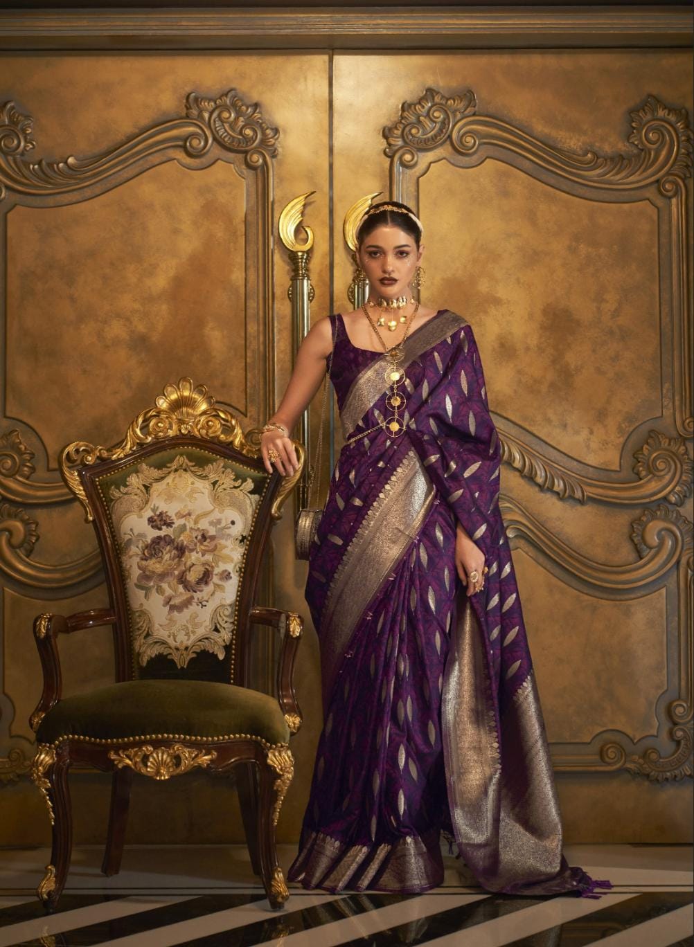 Purple Elliptic Zari Woven Satin Silk Saree