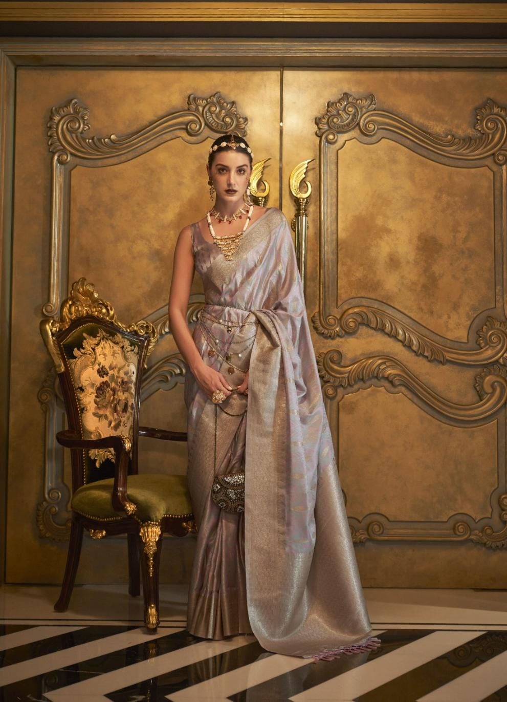 Pastel Light Purple Elliptic Zari Woven Satin Silk Saree