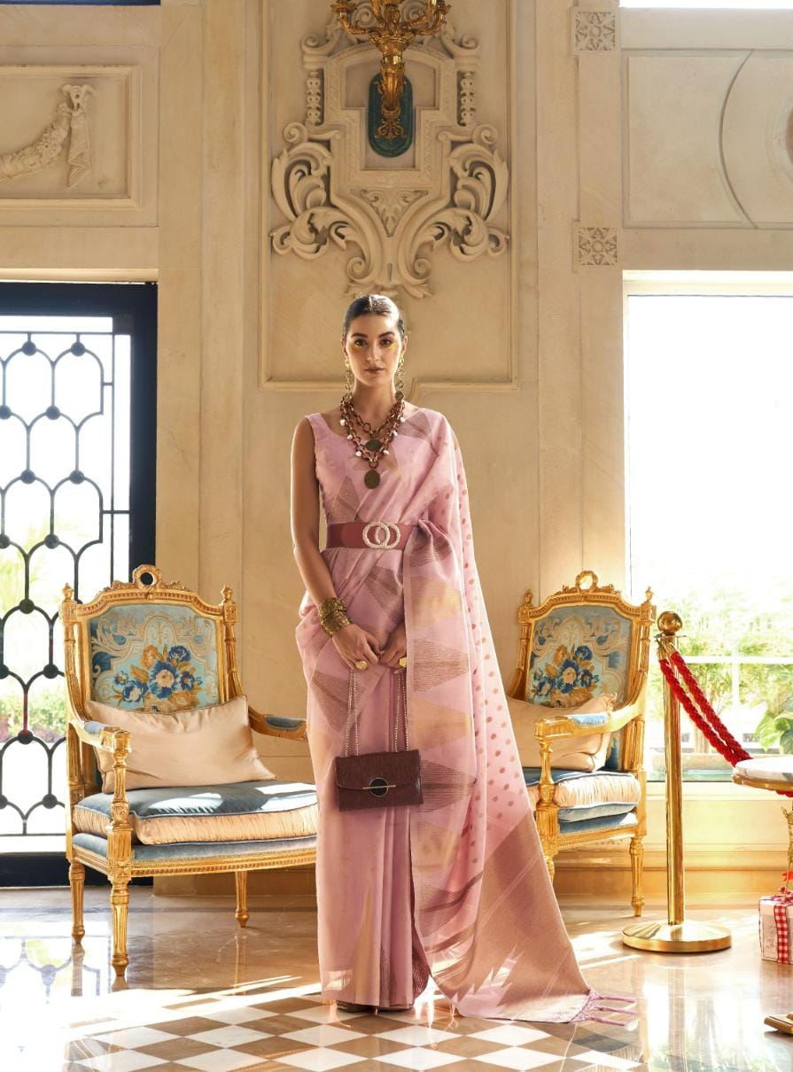 Pale Pink Zari Woven Handloom Silk Saree