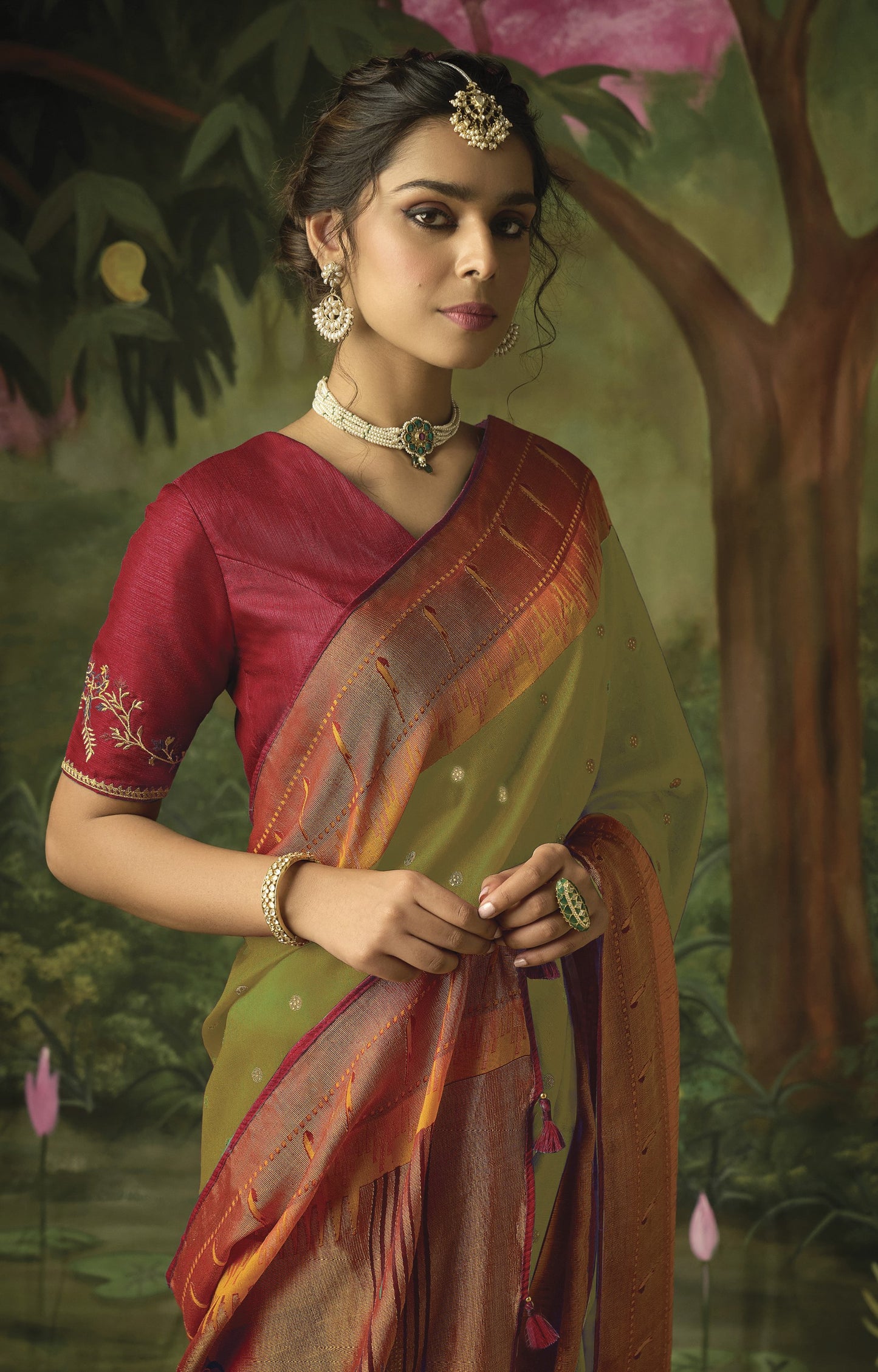 Moss Green Paithani Saree With Embroidered Blouse