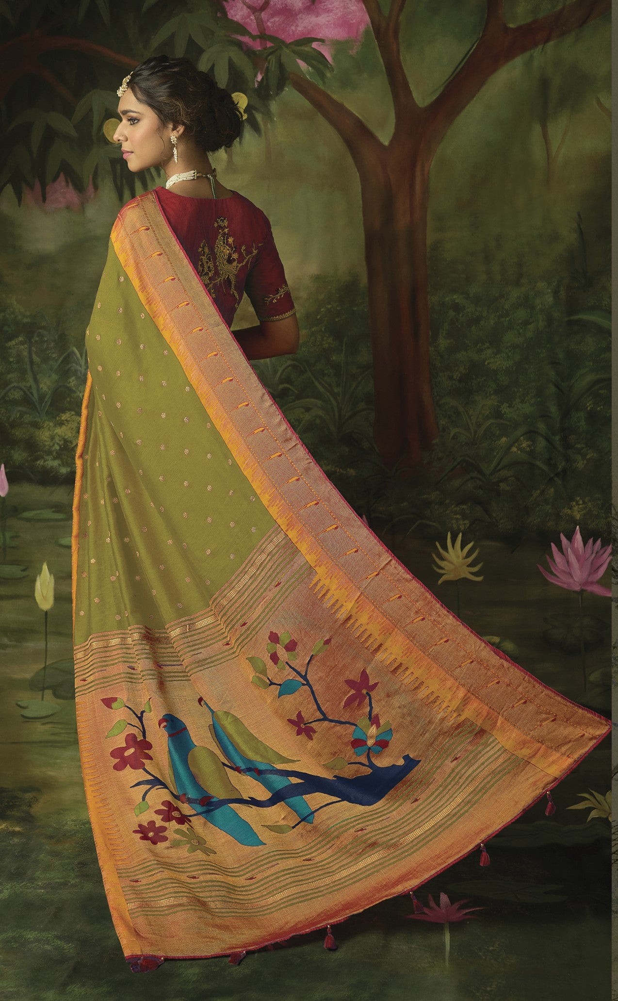 Moss Green Paithani Saree With Embroidered Blouse