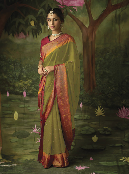 Moss Green Paithani Saree With Embroidered Blouse