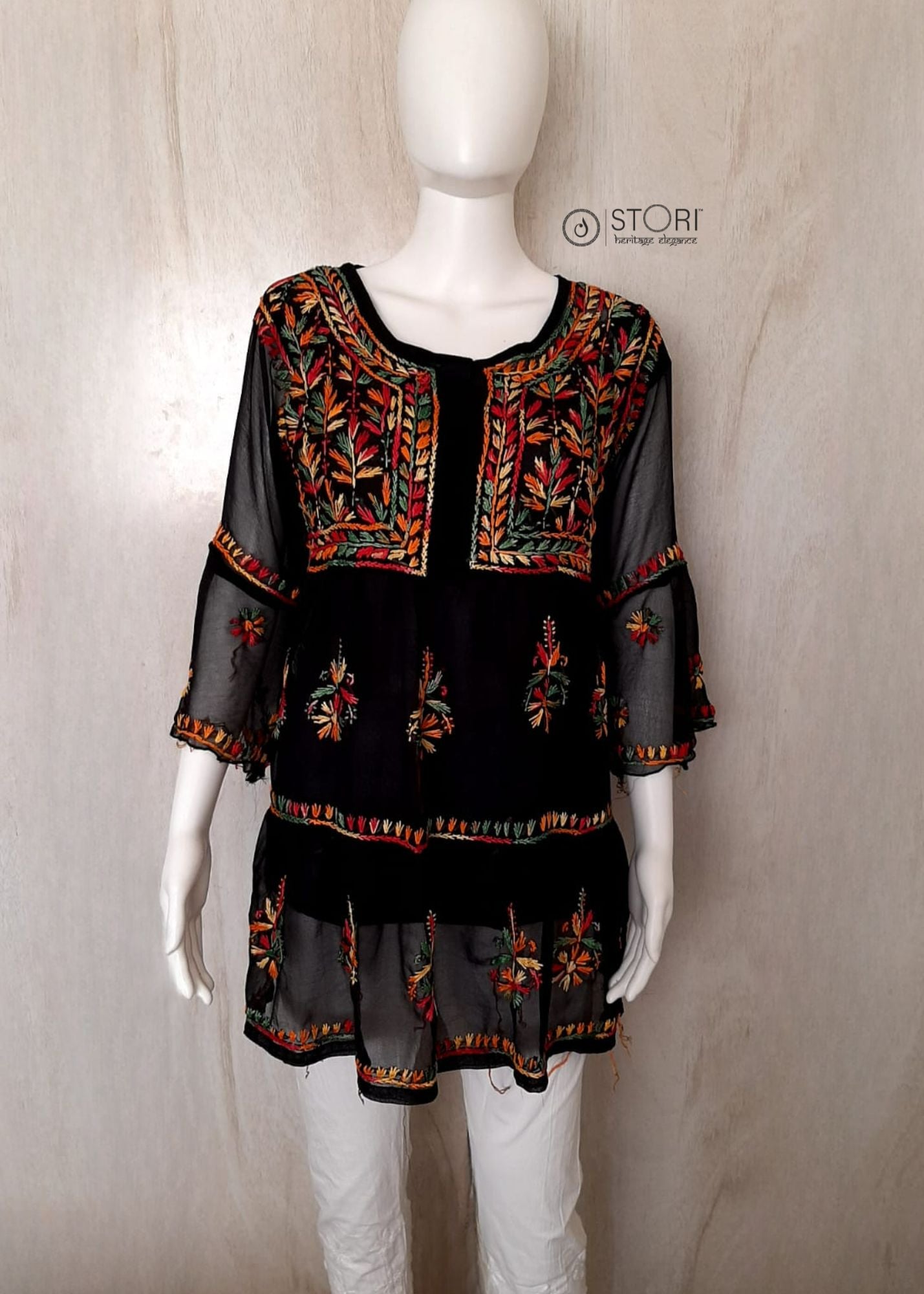 Black Layered Georgette Chikankari Short Kurti