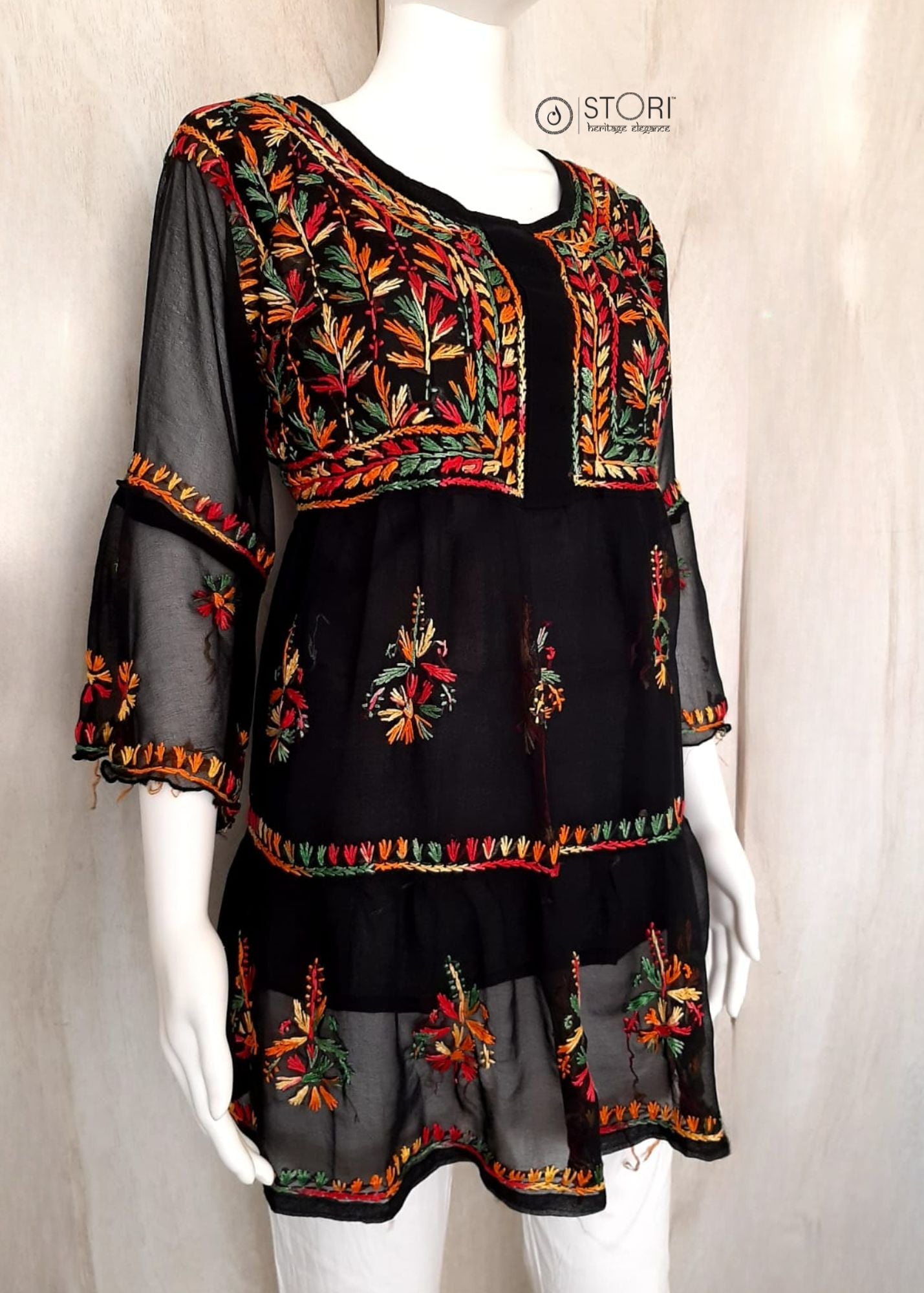 Black Layered Georgette Chikankari Short Kurti