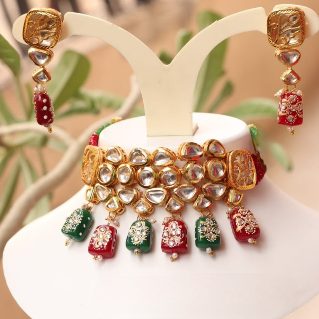 Brihan Red & Green Tanjore Tumbles & Kundan Layered Choker Set