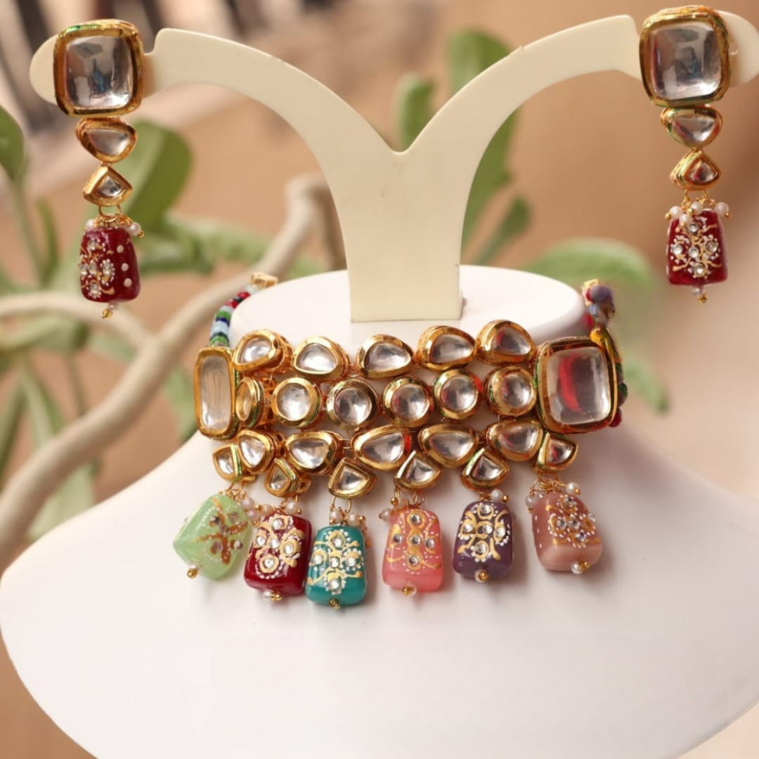 Brihan Multicolor Tanjore Tumbles & Kundan Layered Choker Set