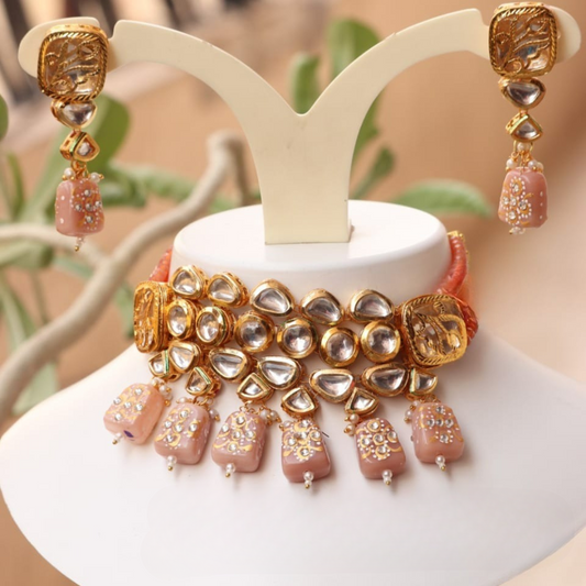 Brihan Peach Tanjore Tumbles & Kundan Layered Choker Set