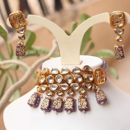 Brihan Grape Purple Tanjore Tumbles & Kundan Layered Choker Set