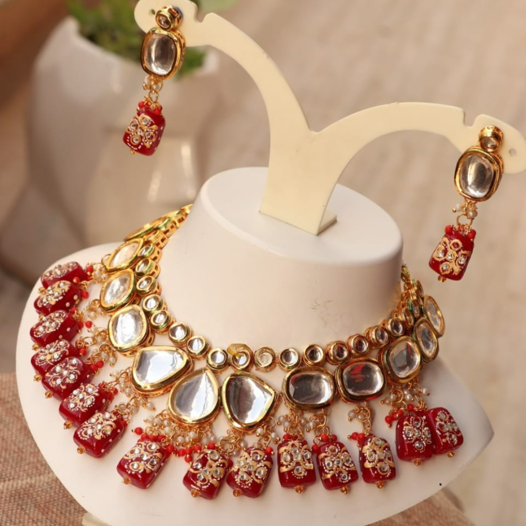 Devayani Red Tanjore Tumbles Kundan Choker Set