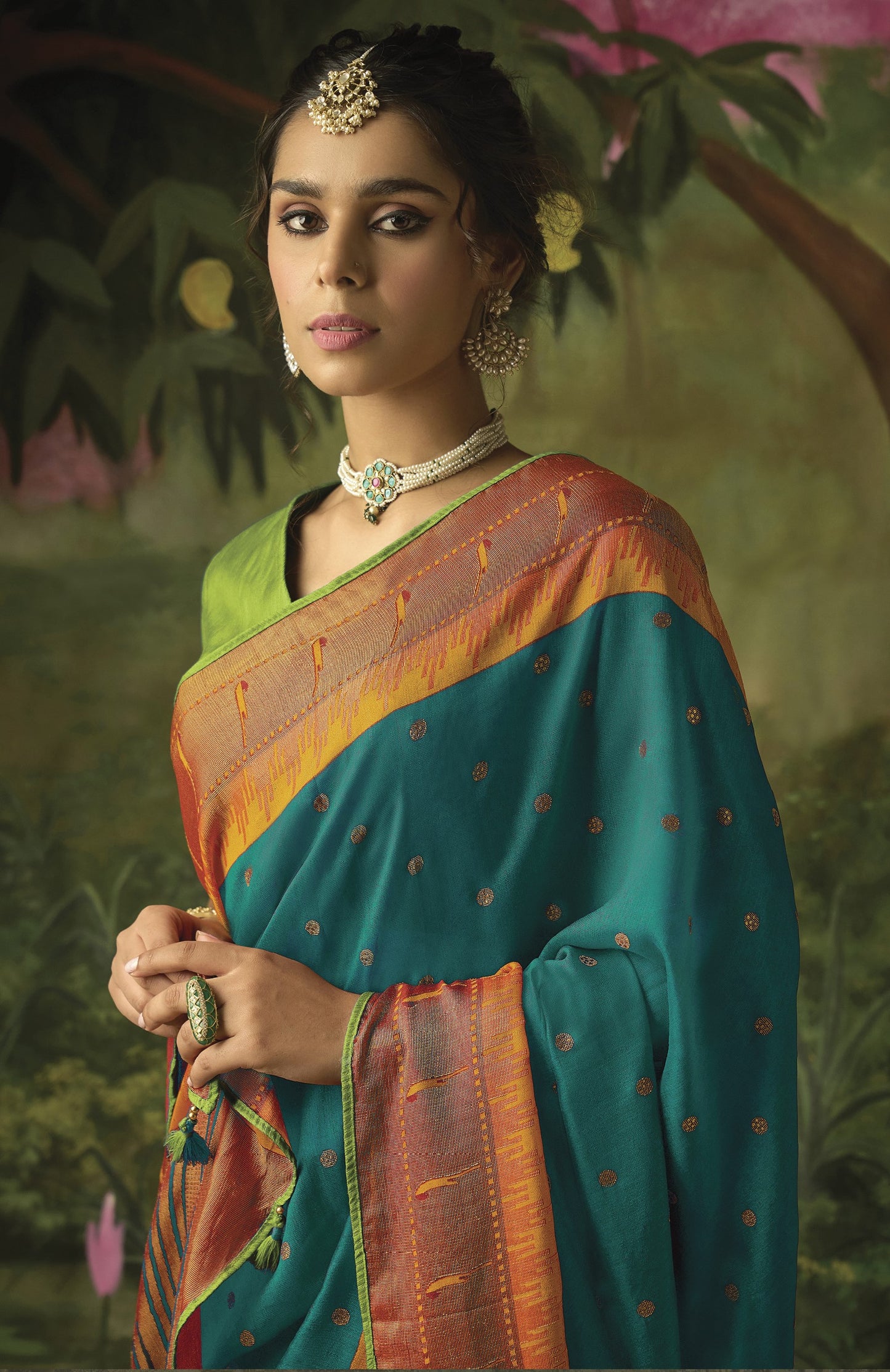 Wintergreen Blue Paithani Saree With Embroidered Blouse