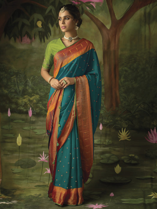 Wintergreen Blue Paithani Saree With Embroidered Blouse