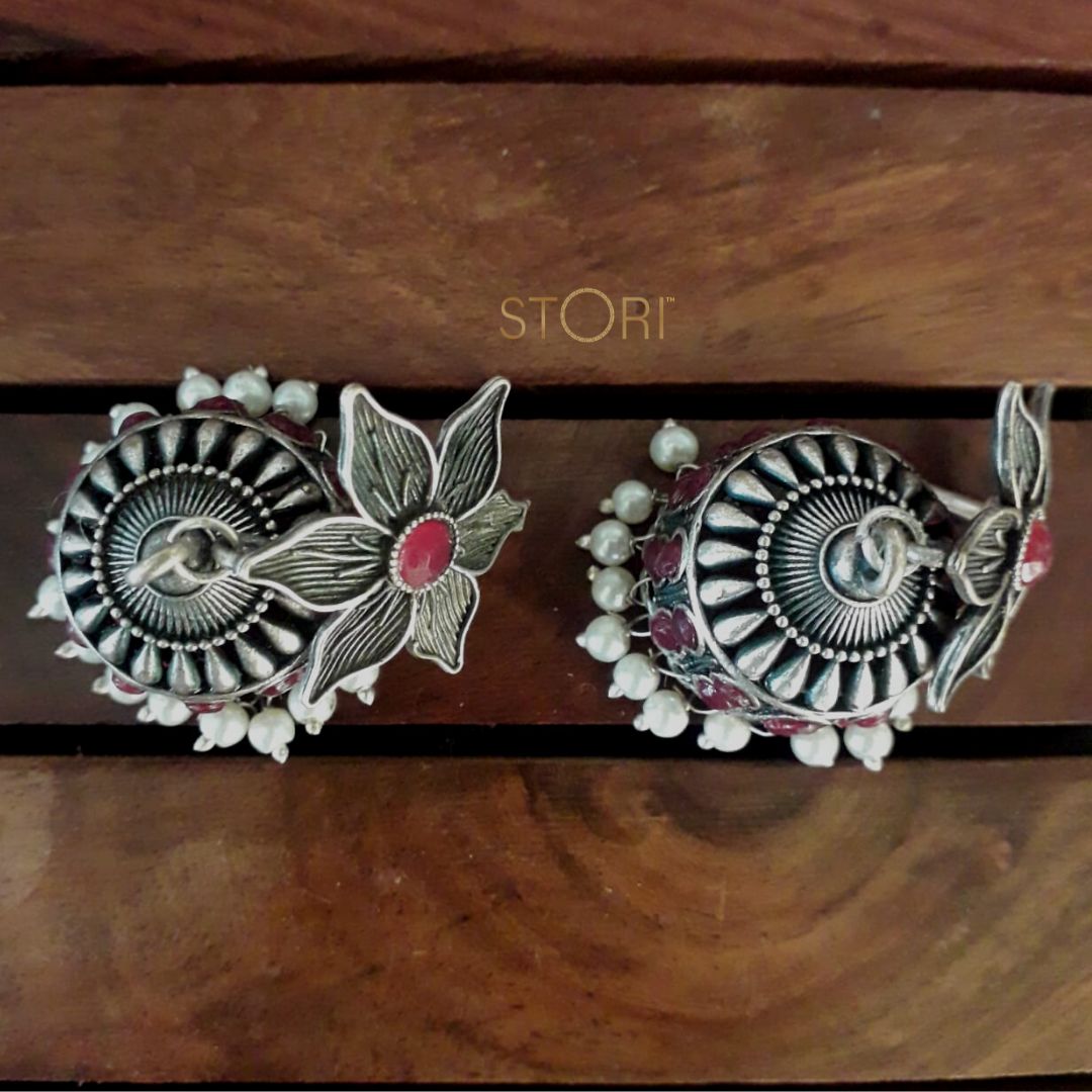 Daksha Floral German Silver Jhumki Earrings