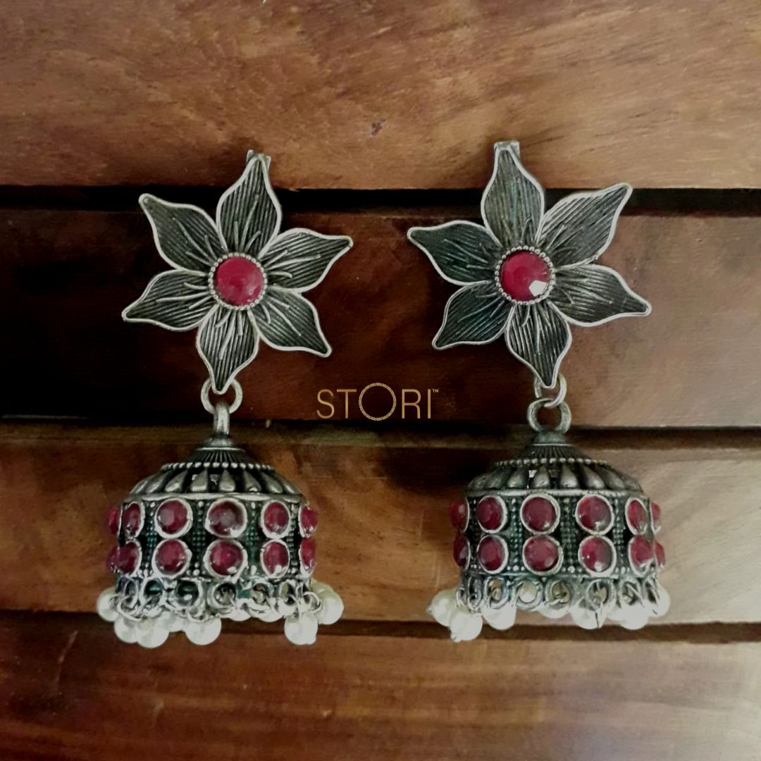 Daksha Floral German Silver Jhumki Earrings