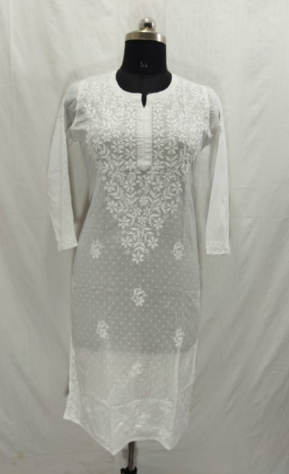 White Pure Soft Dobby Cotton Chikankari Kurti- Dyeable