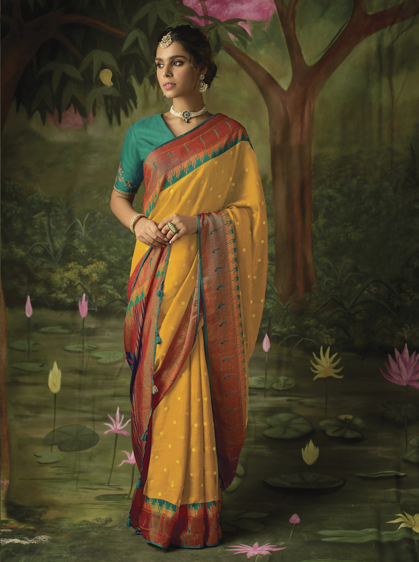 Mustard Yellow Paithani Saree With Embroidered Blouse