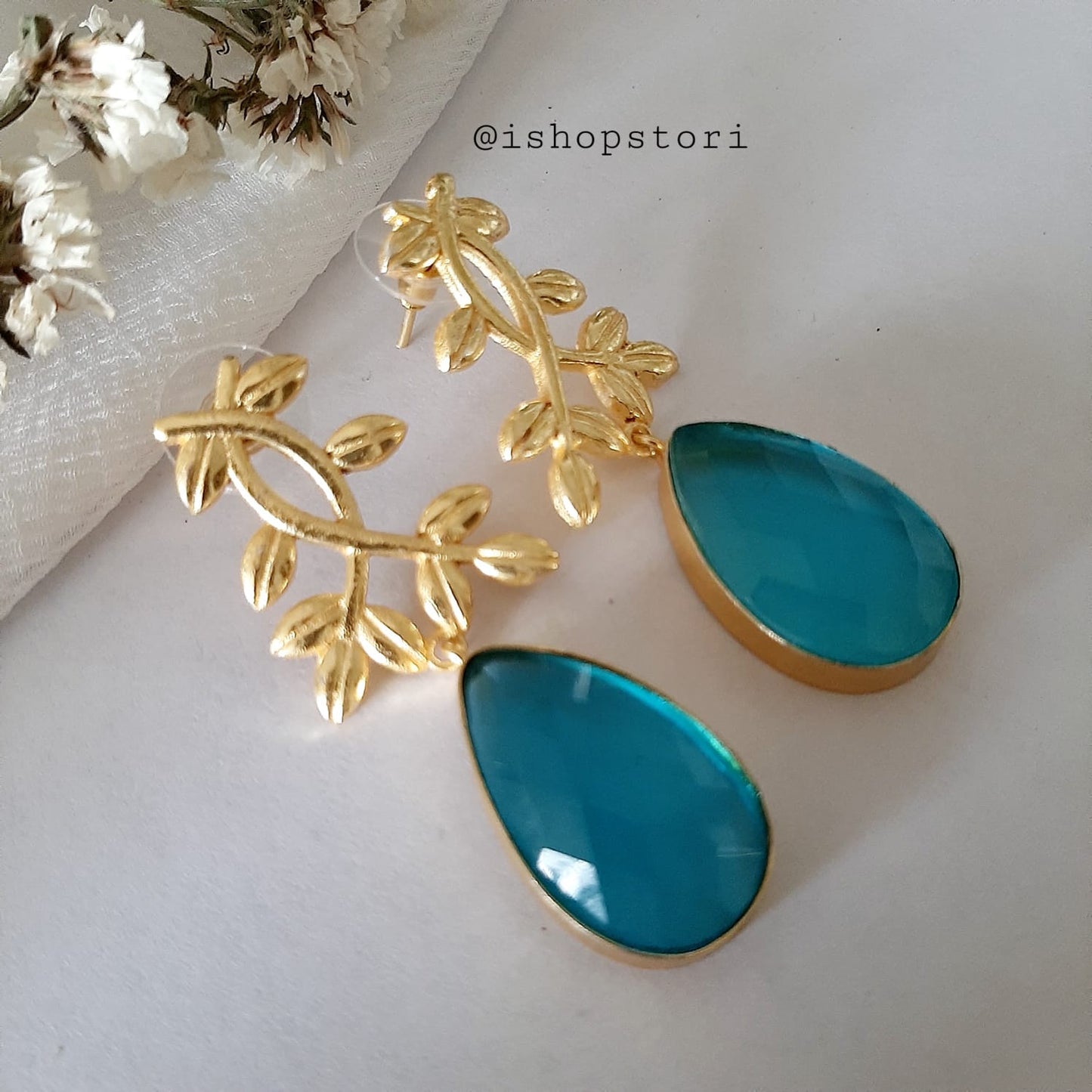 Ekaterina Tear Drop Stone & Golden Leaves Statement Earrings