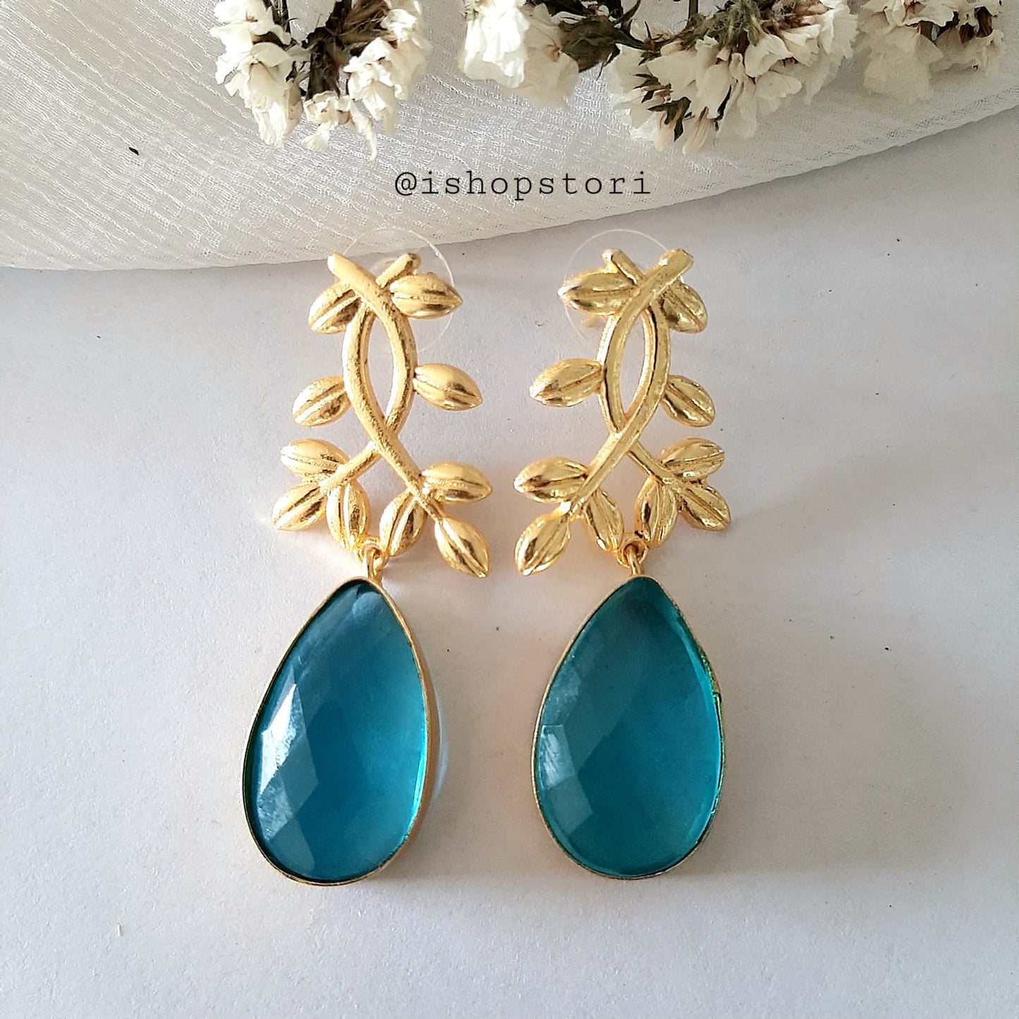 Ekaterina Tear Drop Stone & Golden Leaves Statement Earrings