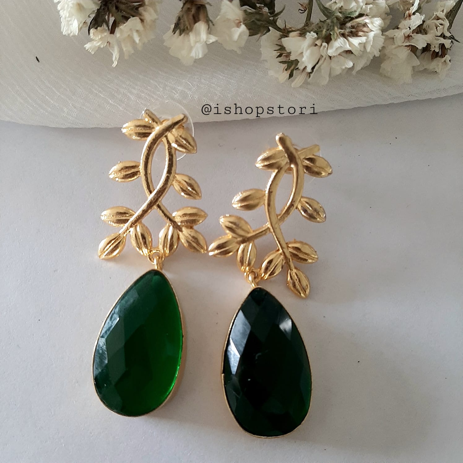 Ekaterina Tear Drop Stone & Golden Leaves Statement Earrings