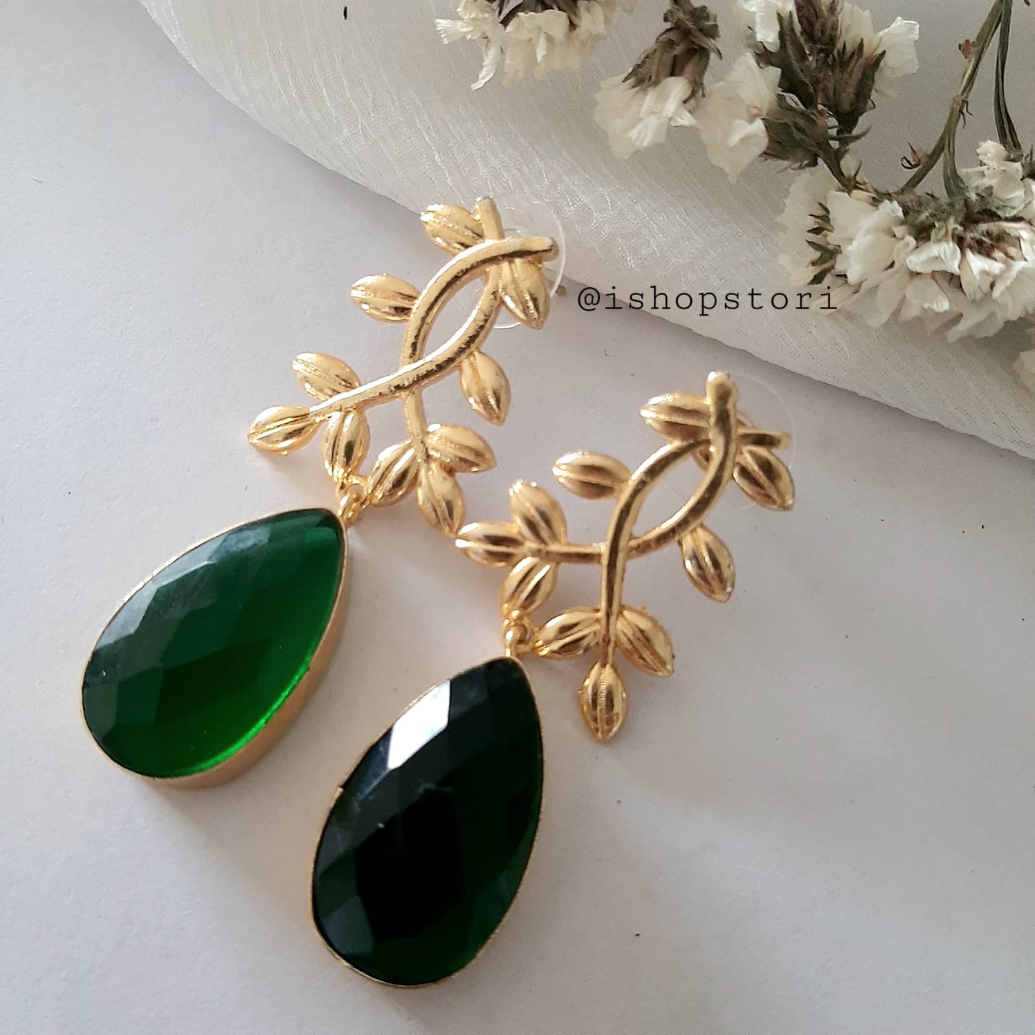 Ekaterina Tear Drop Stone & Golden Leaves Statement Earrings