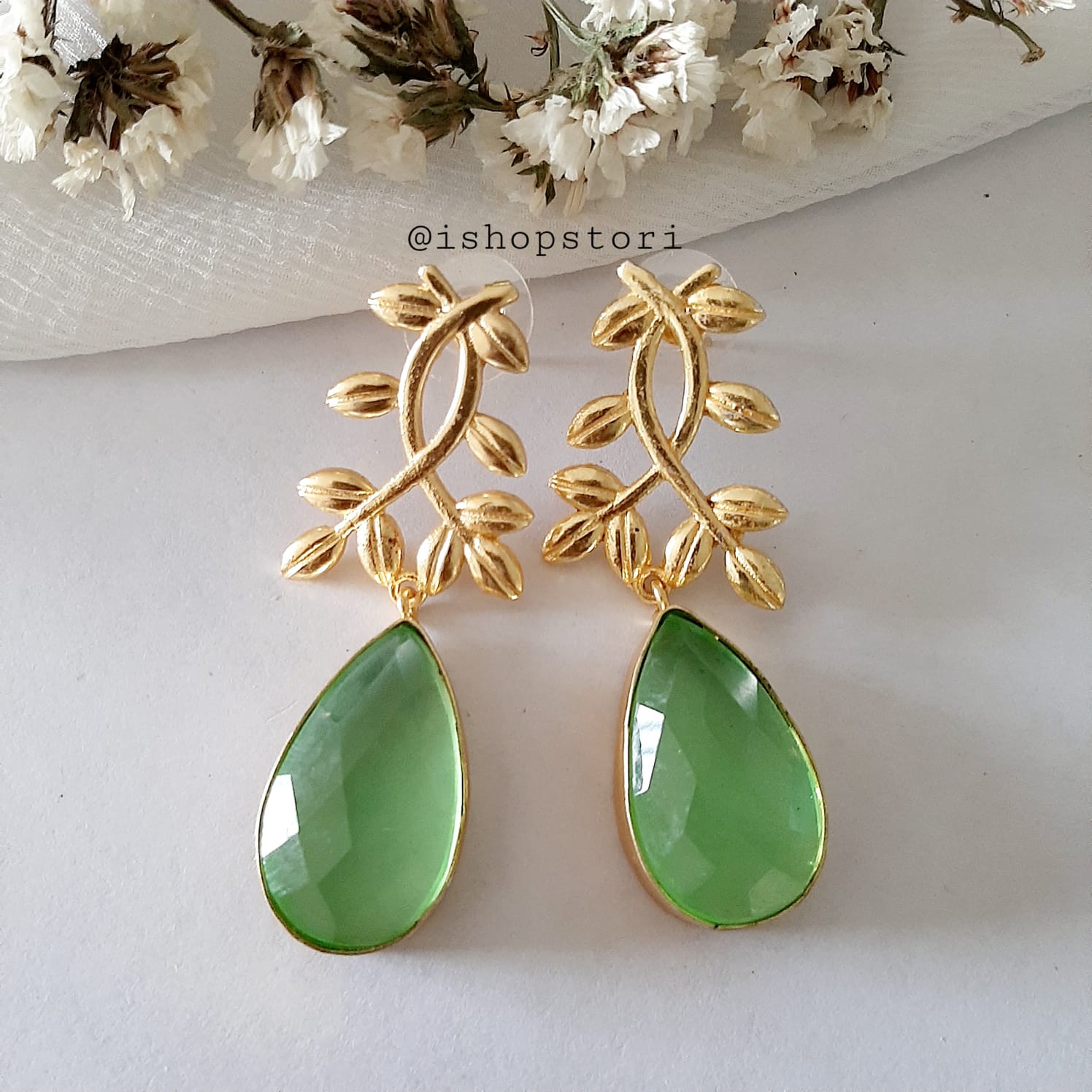 Ekaterina Tear Drop Stone & Golden Leaves Statement Earrings