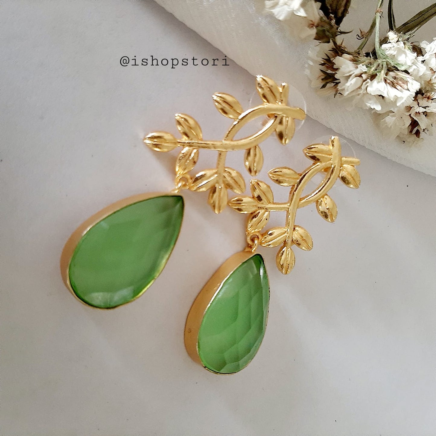 Ekaterina Tear Drop Stone & Golden Leaves Statement Earrings